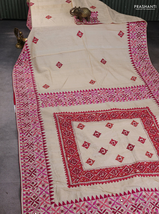 Pure tussar silk saree cream and pink with embroidered mirror buttas and kantha stitch work pallu
