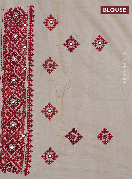 Pure tussar silk saree cream and pink with embroidered mirror buttas and kantha stitch work pallu