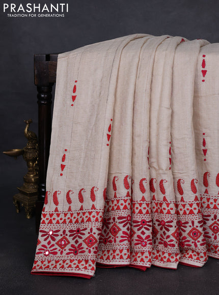 Pure tussar silk saree beige and red with embroidered mirror buttas and kantha stitch work pallu