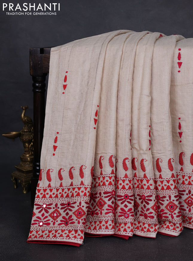 Pure tussar silk saree beige and red with embroidered mirror buttas and kantha stitch work pallu