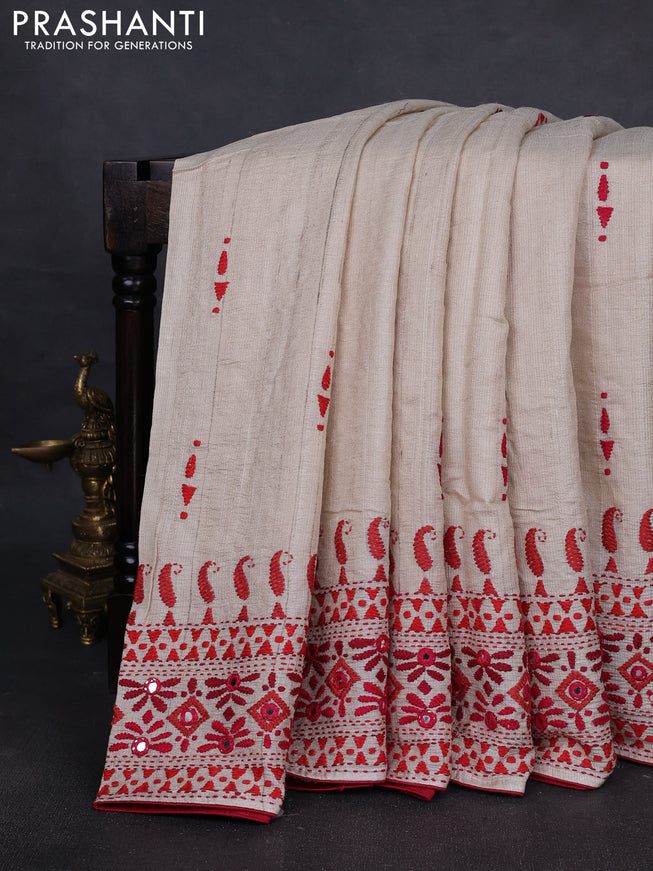 Pure tussar silk saree beige and red with embroidered mirror buttas and kantha stitch work pallu