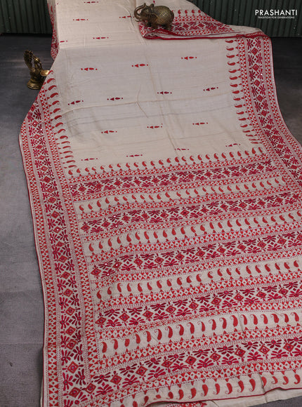Pure tussar silk saree beige and red with embroidered mirror buttas and kantha stitch work pallu
