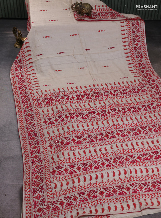 Pure tussar silk saree beige and red with embroidered mirror buttas and kantha stitch work pallu