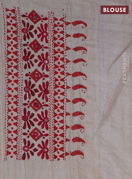 Pure tussar silk saree beige and red with embroidered mirror buttas and kantha stitch work pallu