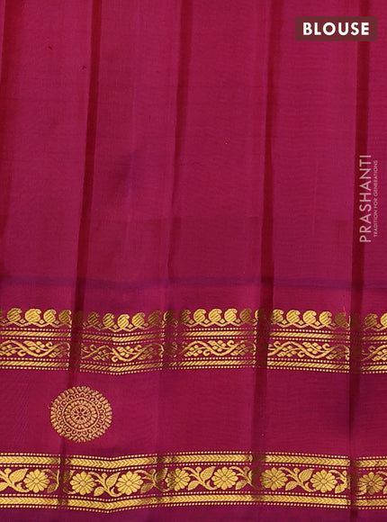 Pure gadwal silk saree teal green and dark magenta pink with zari woven buttas and temple design zari woven butta border