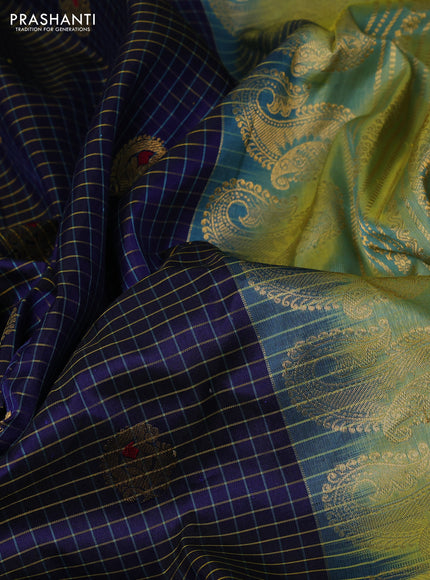 Pure gadwal silk saree navy blue and dual tone light green with allover zari checks & buttas and temple design zari woven border