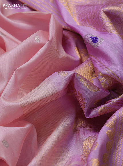 Pure gadwal silk saree mild peach and mild lavender with allover silver & gold zari woven buttas and rettapet zari woven paisley butta border