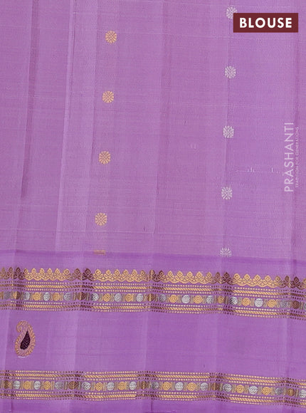 Pure gadwal silk saree mild peach and mild lavender with allover silver & gold zari woven buttas and rettapet zari woven paisley butta border