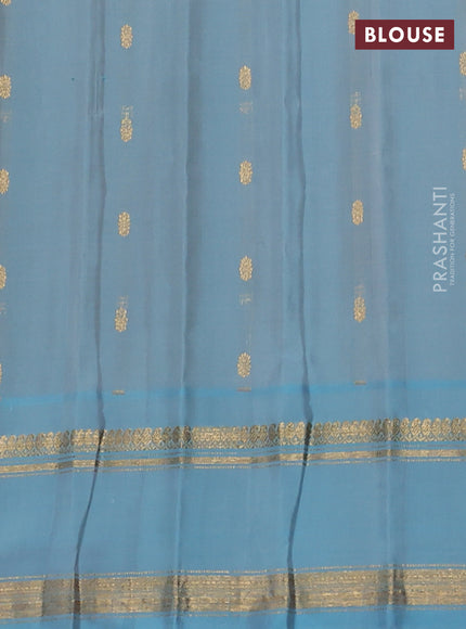 Pure gadwal silk saree sandal and light blue with silver & gold zari woven buttas and rettapet zari woven border