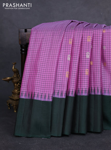 Pure gadwal silk saree pastel purple and bottle green with allover checks & zari buttas and temple design simple border