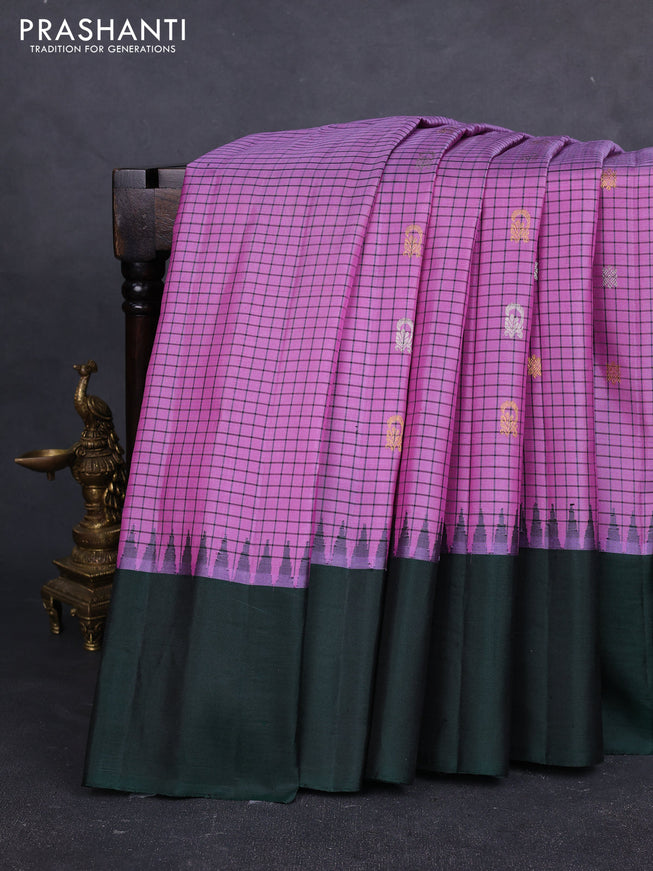 Pure gadwal silk saree pastel purple and bottle green with allover checks & zari buttas and temple design simple border