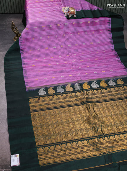 Pure gadwal silk saree pastel purple and bottle green with allover checks & zari buttas and temple design simple border