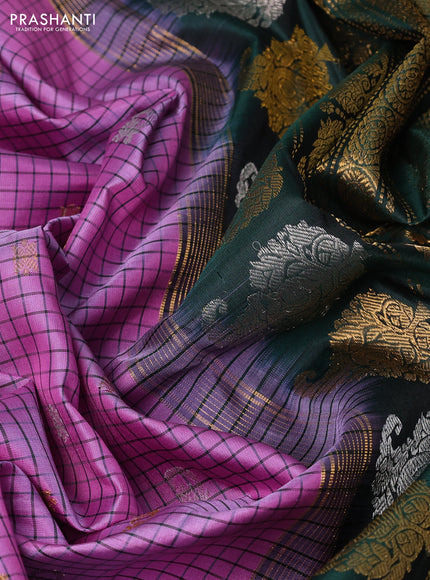 Pure gadwal silk saree pastel purple and bottle green with allover checks & zari buttas and temple design simple border