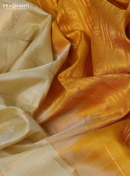 Pure gadwal silk saree cream and mustard yellow with allover zari checks & buttas and simple boder