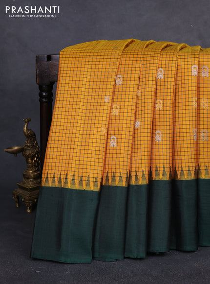 Pure gadwal silk saree mango yellow and bottle green with allover checks & zari buttas and temple design simple border