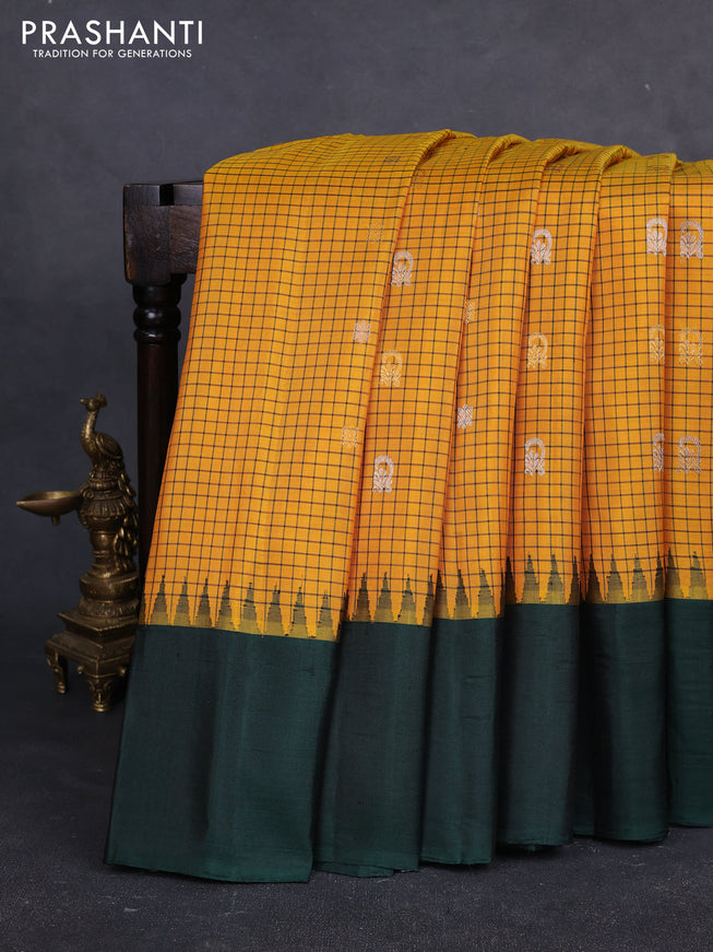 Pure gadwal silk saree mango yellow and bottle green with allover checks & zari buttas and temple design simple border