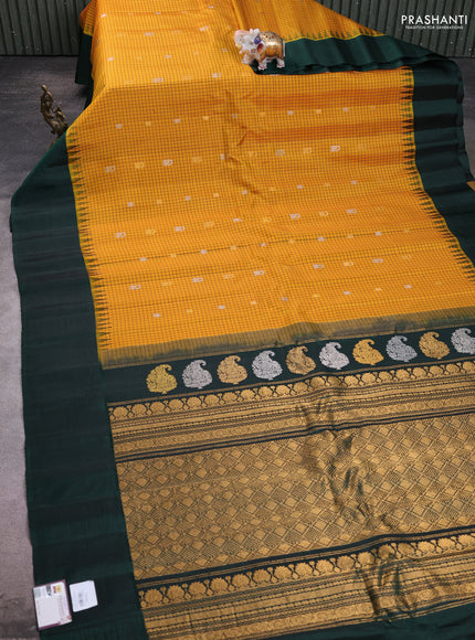 Pure gadwal silk saree mango yellow and bottle green with allover checks & zari buttas and temple design simple border