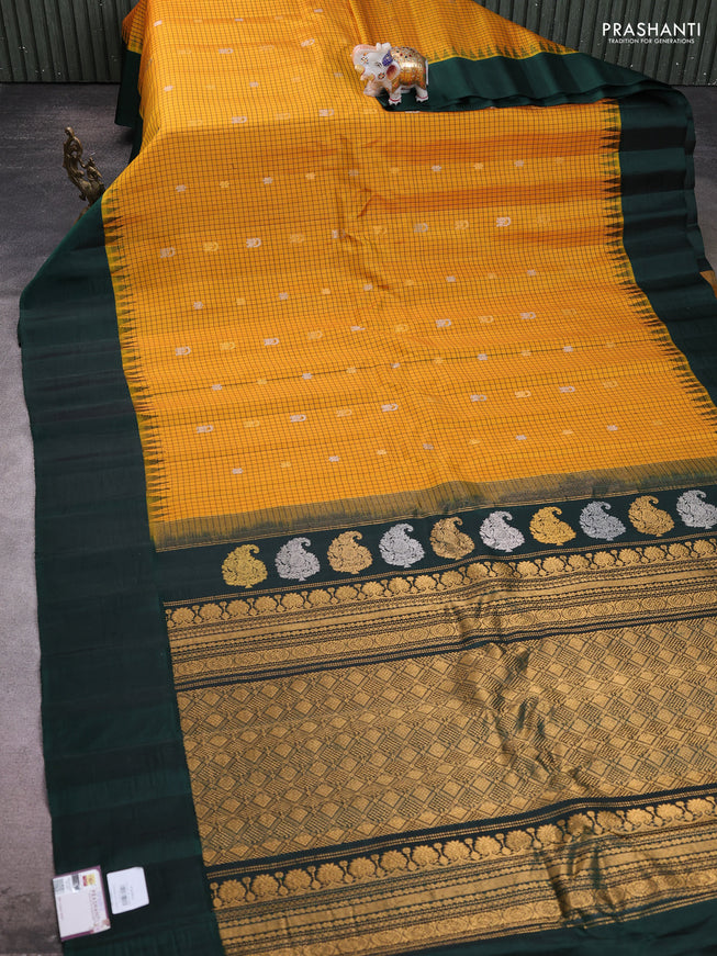 Pure gadwal silk saree mango yellow and bottle green with allover checks & zari buttas and temple design simple border