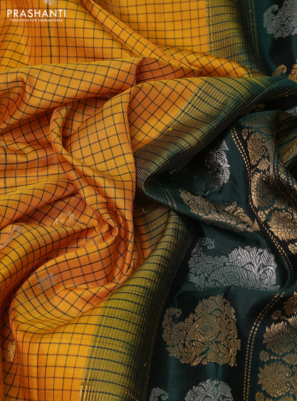 Pure gadwal silk saree mango yellow and bottle green with allover checks & zari buttas and temple design simple border