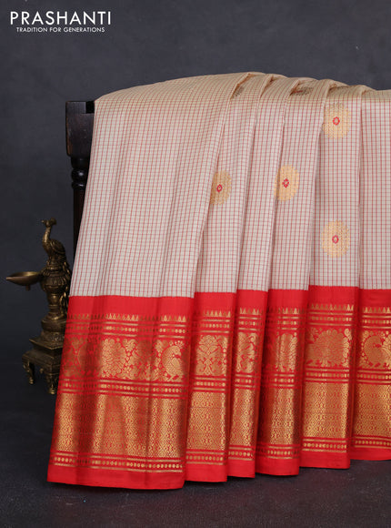 Pure gadwal silk saree cream and red with allover checks & zari buttas and ganga jamuna border