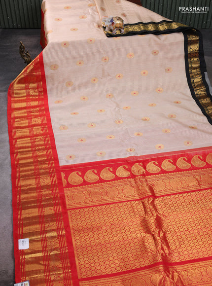 Pure gadwal silk saree cream and red with allover checks & zari buttas and ganga jamuna border