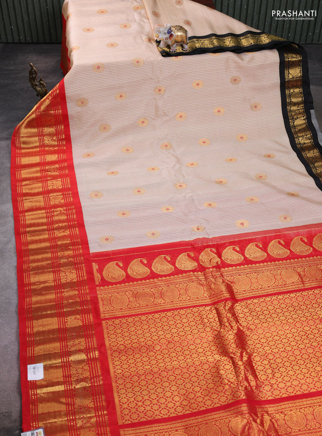 Pure gadwal silk saree cream and red with allover checks & zari buttas and ganga jamuna border