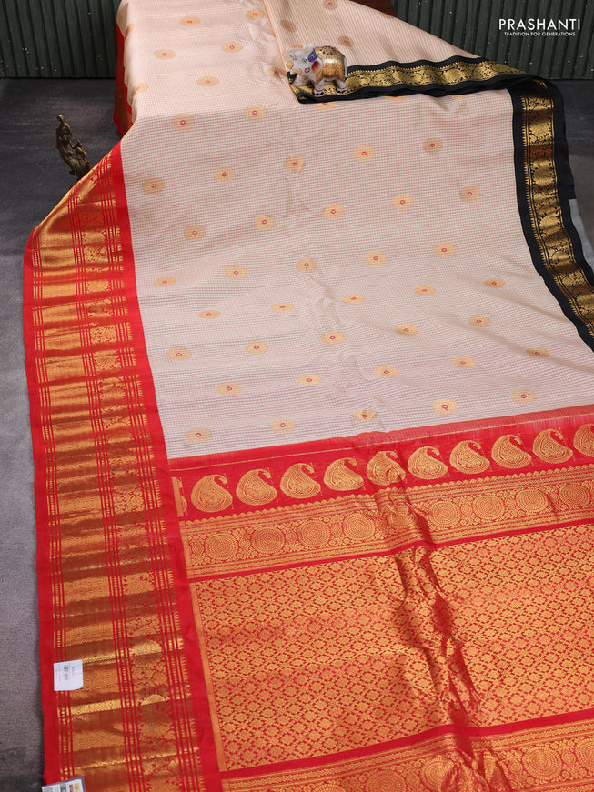 Pure gadwal silk saree cream and red with allover checks & zari buttas and ganga jamuna border