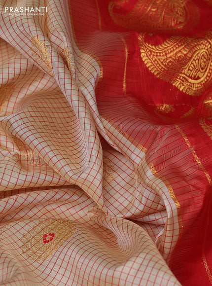Pure gadwal silk saree cream and red with allover checks & zari buttas and ganga jamuna border