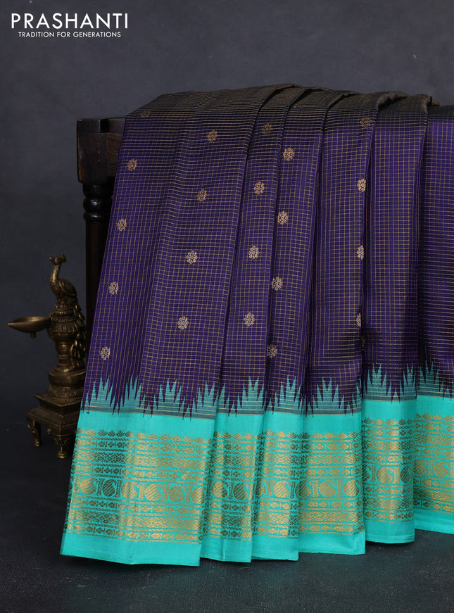 Pure gadwal silk saree teal green with allover zari stripe & buttas and rich zari woven border