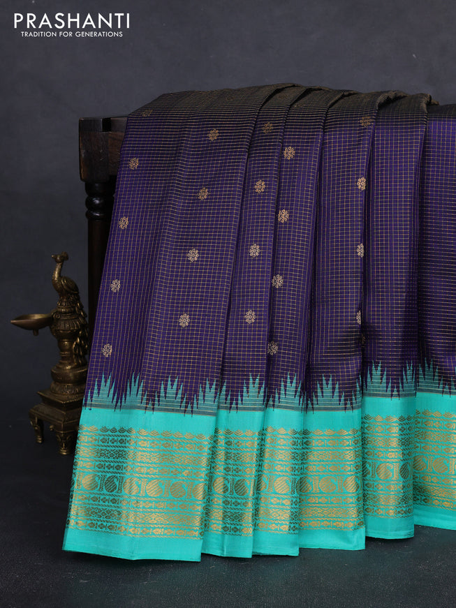 Pure gadwal silk saree teal green with allover zari stripe & buttas and rich zari woven border