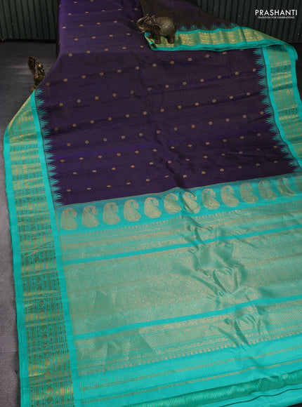 Pure gadwal silk saree teal green with allover zari stripe & buttas and rich zari woven border