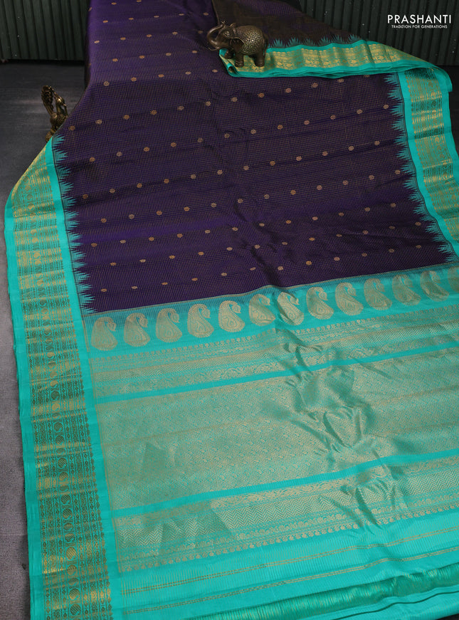 Pure gadwal silk saree teal green with allover zari stripe & buttas and rich zari woven border