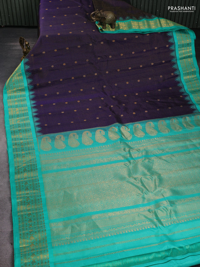 Pure gadwal silk saree teal green with allover zari stripe & buttas and rich zari woven border