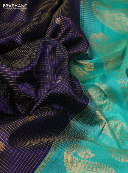 Pure gadwal silk saree teal green with allover zari stripe & buttas and rich zari woven border
