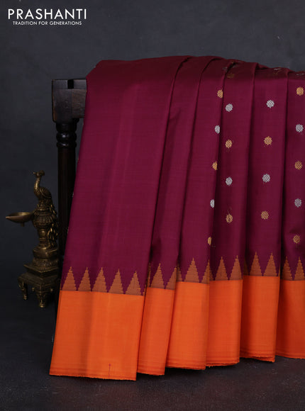 Pure gadwal silk saree wine shade and orange with silver & gold zari woven buttas and temple design simple border