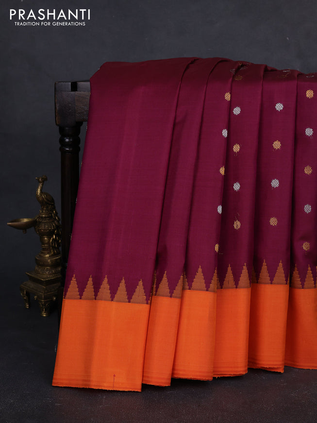 Pure gadwal silk saree wine shade and orange with silver & gold zari woven buttas and temple design simple border