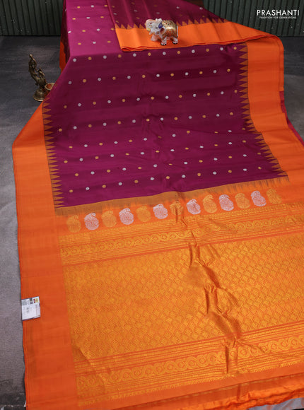 Pure gadwal silk saree wine shade and orange with silver & gold zari woven buttas and temple design simple border