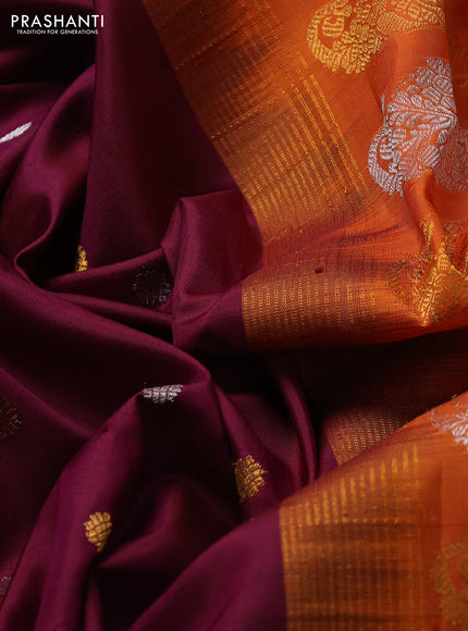Pure gadwal silk saree wine shade and orange with silver & gold zari woven buttas and temple design simple border
