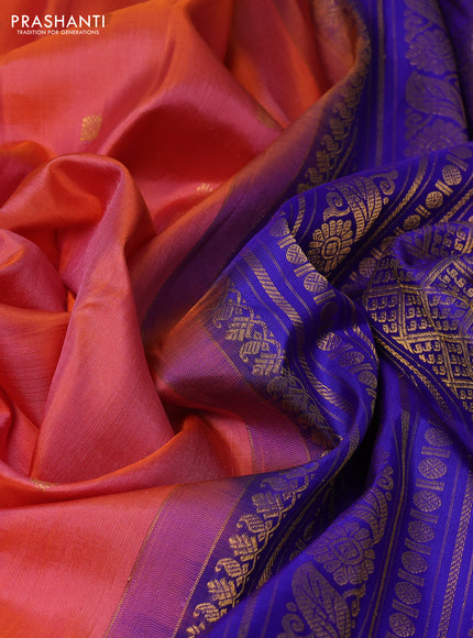 Pure gadwal silk saree peach orange and blue with allover zari woven buttas and temple design zari woven border
