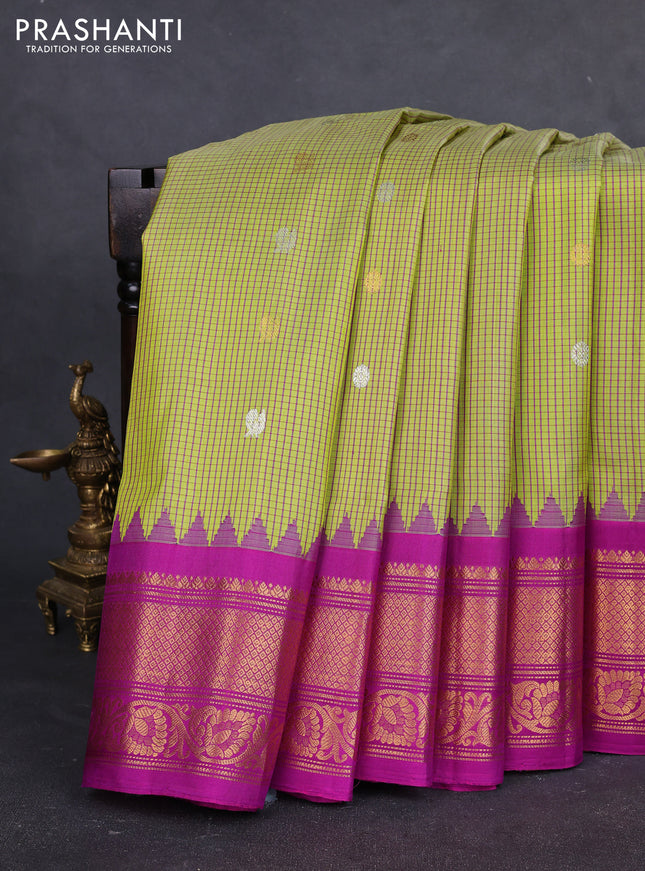 Pure gadwal silk saree lime green and purple with allover checks & zari buttas and temple design zari woven border