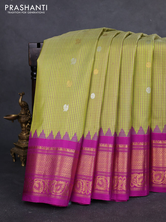 Pure gadwal silk saree lime green and purple with allover checks & zari buttas and temple design zari woven border