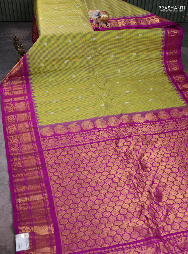 Pure gadwal silk saree lime green and purple with allover checks & zari buttas and temple design zari woven border