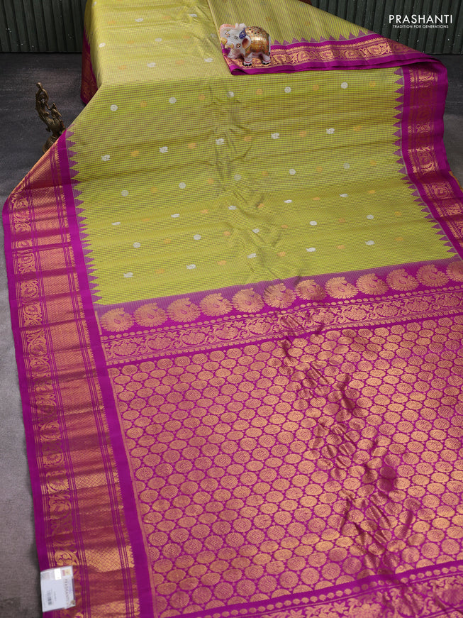 Pure gadwal silk saree lime green and purple with allover checks & zari buttas and temple design zari woven border