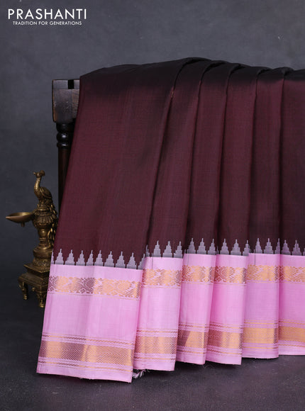 Pure gadwal silk saree coffee brown and light pink with silver & gold zari woven paisley buttas and rettapet zari woven border