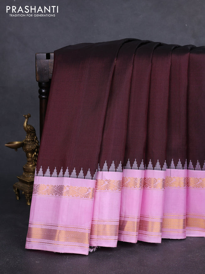 Pure gadwal silk saree coffee brown and light pink with silver & gold zari woven paisley buttas and rettapet zari woven border