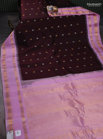 Pure gadwal silk saree coffee brown and light pink with silver & gold zari woven paisley buttas and rettapet zari woven border