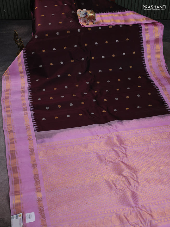 Pure gadwal silk saree coffee brown and light pink with silver & gold zari woven paisley buttas and rettapet zari woven border