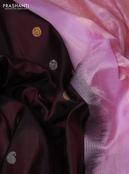 Pure gadwal silk saree coffee brown and light pink with silver & gold zari woven paisley buttas and rettapet zari woven border