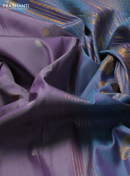 Pure gadwal silk saree pastel purple and dual tone blue with silver & gold zari woven buttas and rettapet zari woven border