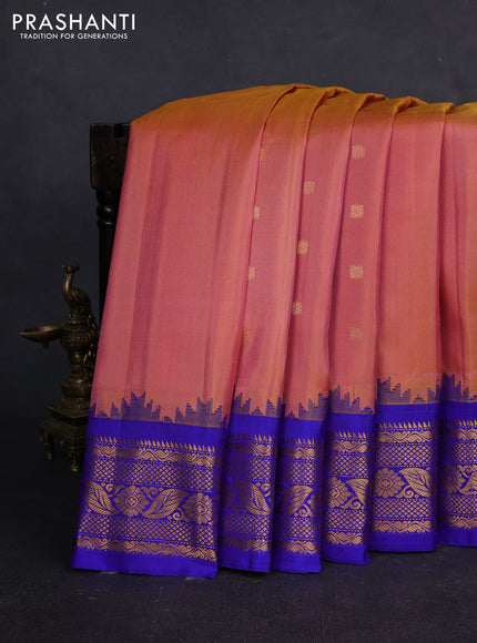 Pure gadwal silk saree dual tone peach and blue with zari woven buttas and temple design zari woven border